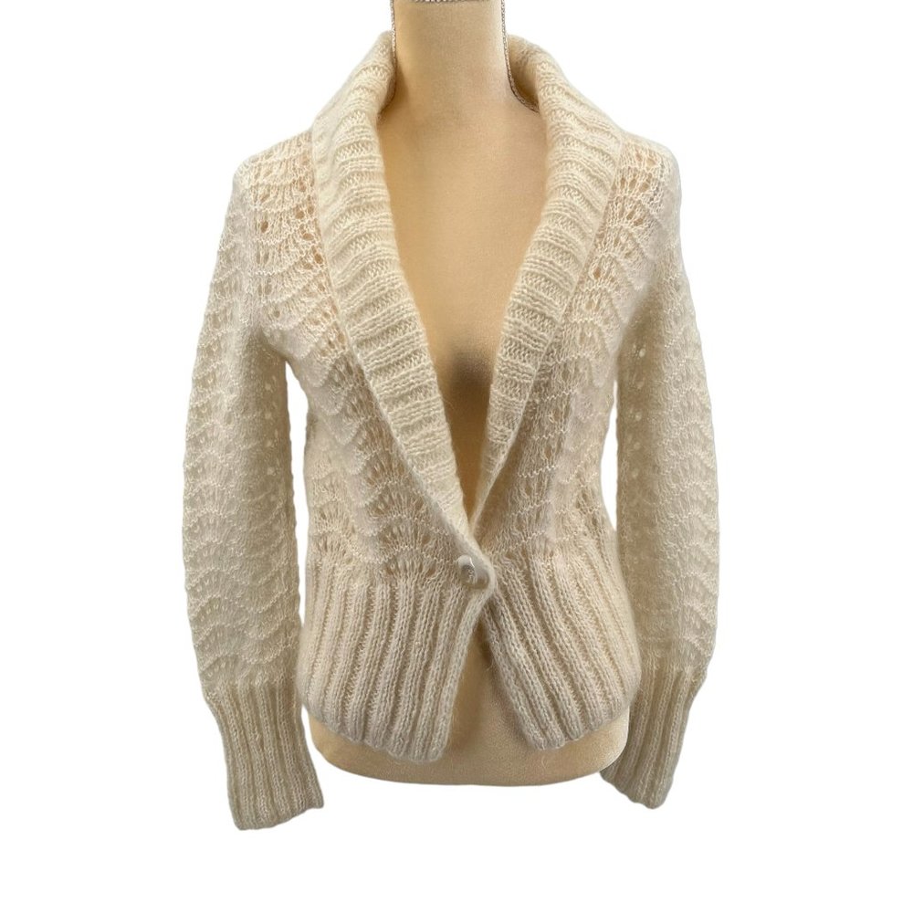 H&M Light Cream Lacey Pattern Cardigan Hand Knitted Acrylic, Mohair, Wool Size S